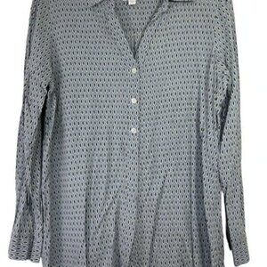 J. JILL Button down Fish motif Shirt v-neck Tunic Blue white black Size M